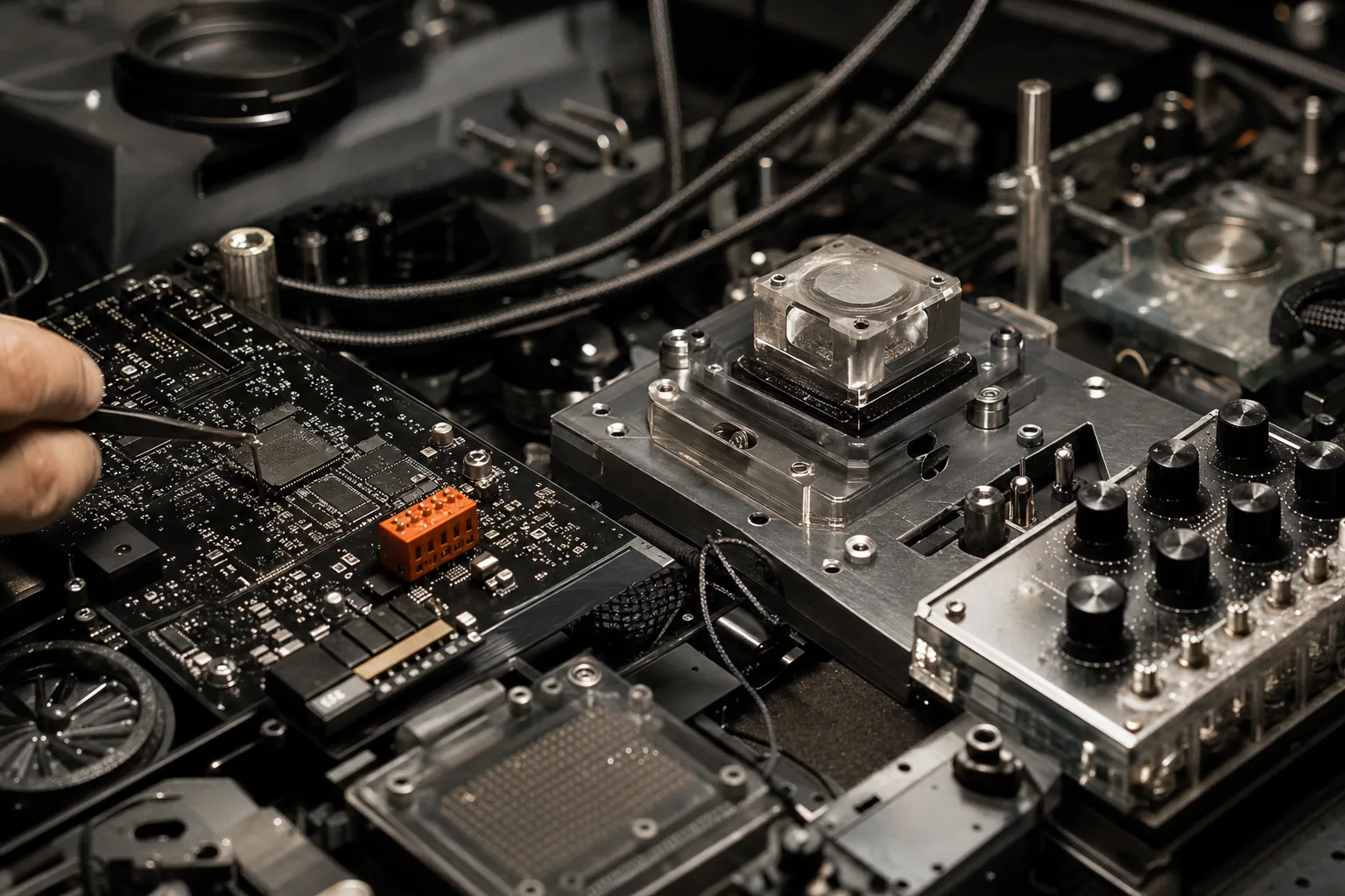 Close-up of experimental computing hardware and prototypes