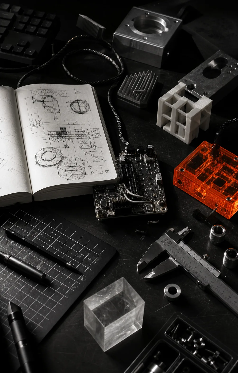 A builder's workbench with sketches, electronic prototypes, tools, and material studies
